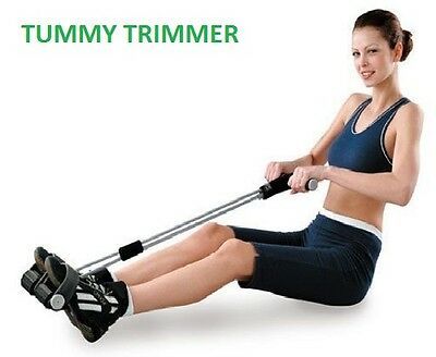 Woman using a tummy trimmer machine on a white background with 'TUMMY TRIMMER' text.