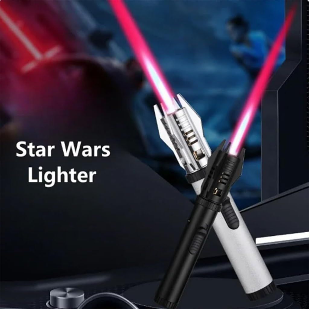 Lighter shaped like a lightsaber with red and white colors, labeled 'Star Wars Lighter'.