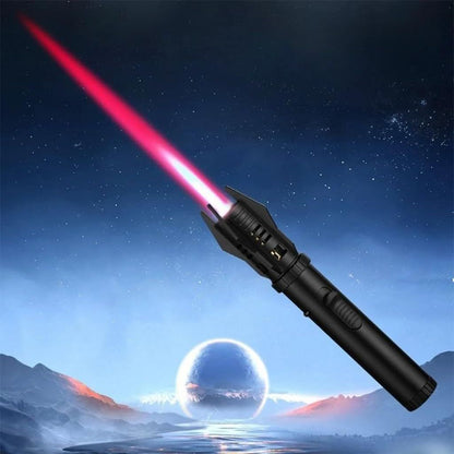 Futuristic lightsaber with red blade against a space-themed background